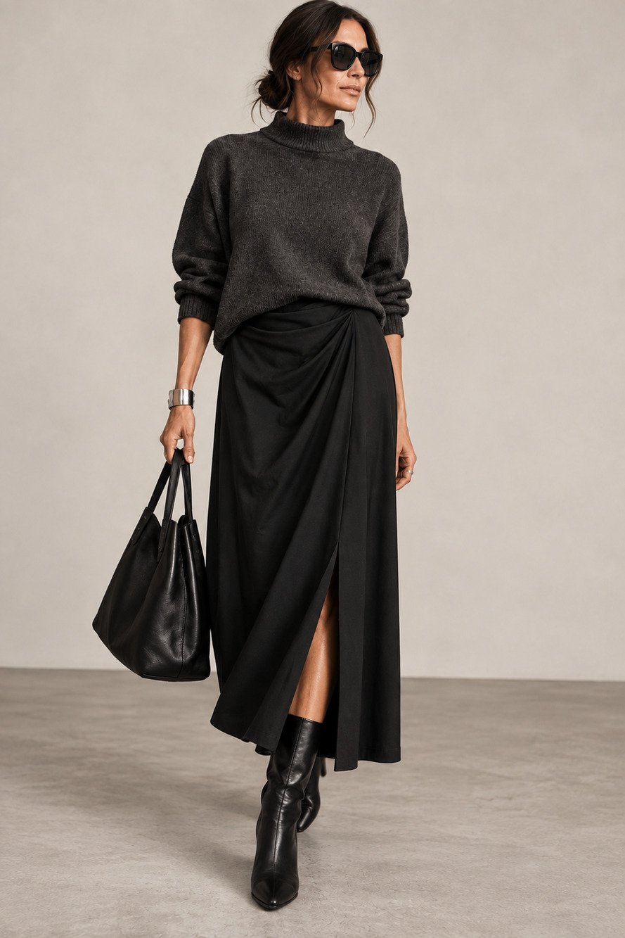 Weekend Max Mara Burano Sz L Black Draped Midi Skirt Modal Cotton 2357760139